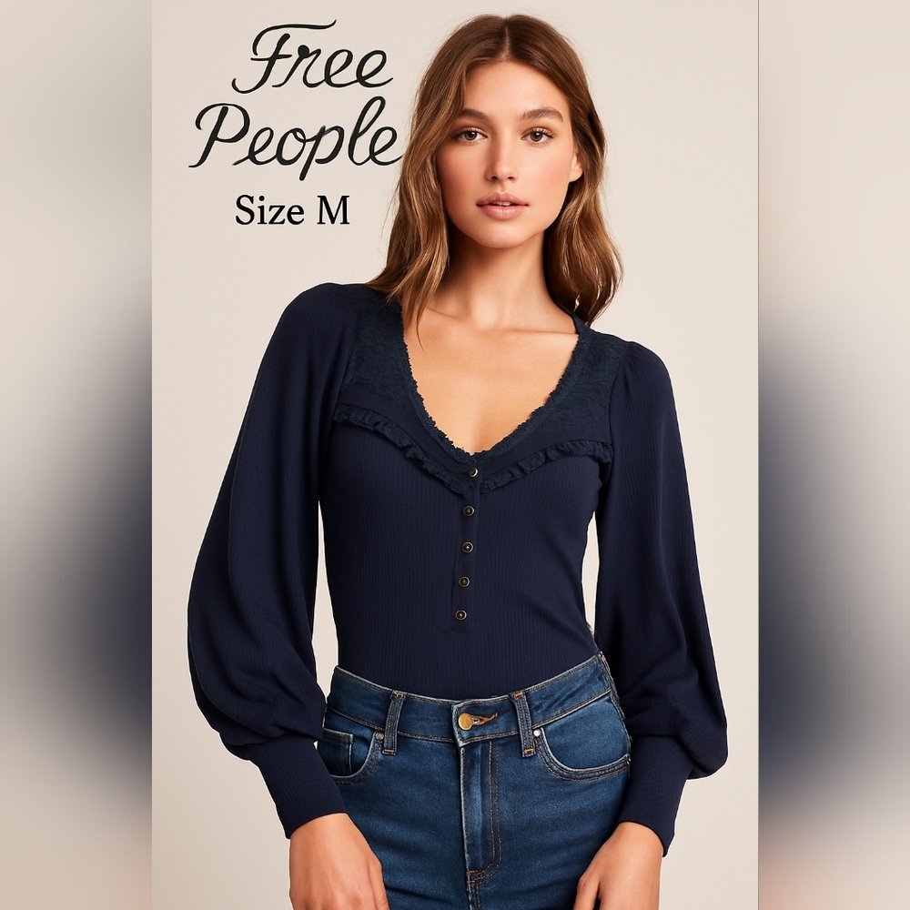 Free People Women’s Navy Lace Trim Button Front Top Long Sleeve Size M